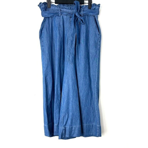 Hannah Womens Size M Wide Leg Pants Tie Belt Chambray Blue Pull On Ankle R - Picture 2 of 12